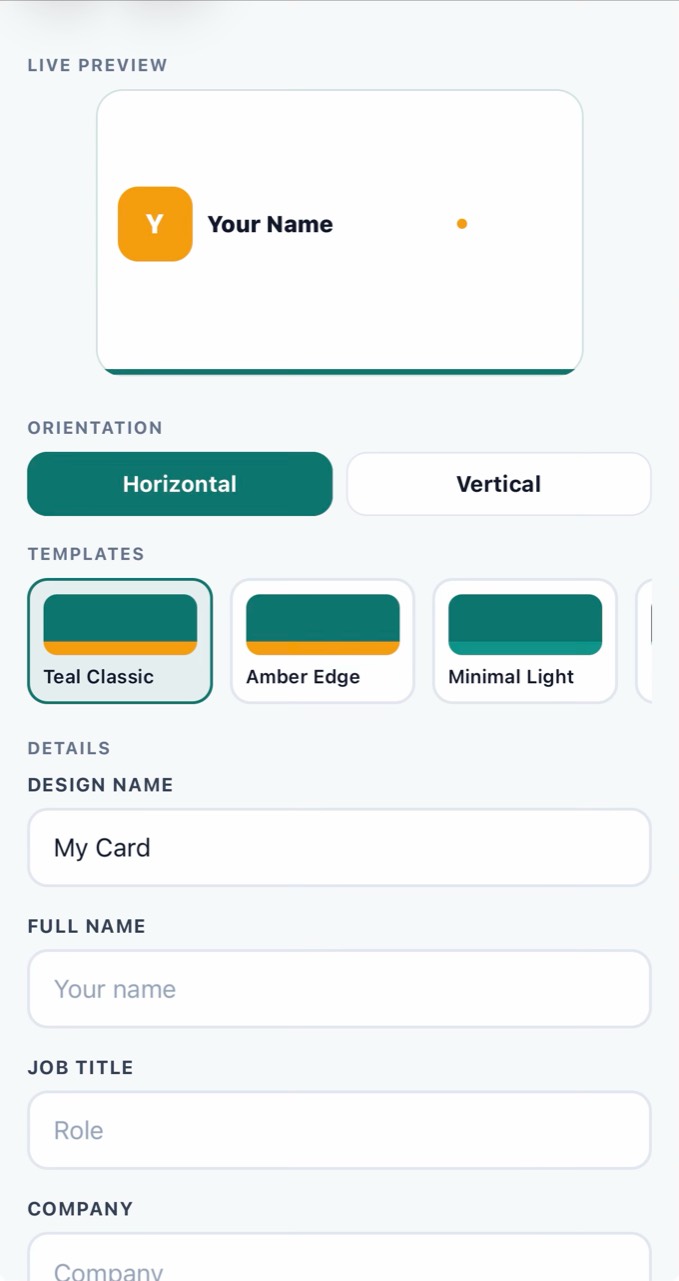 NabixSoft digital card editor with live preview, orientation, templates, and detail fields