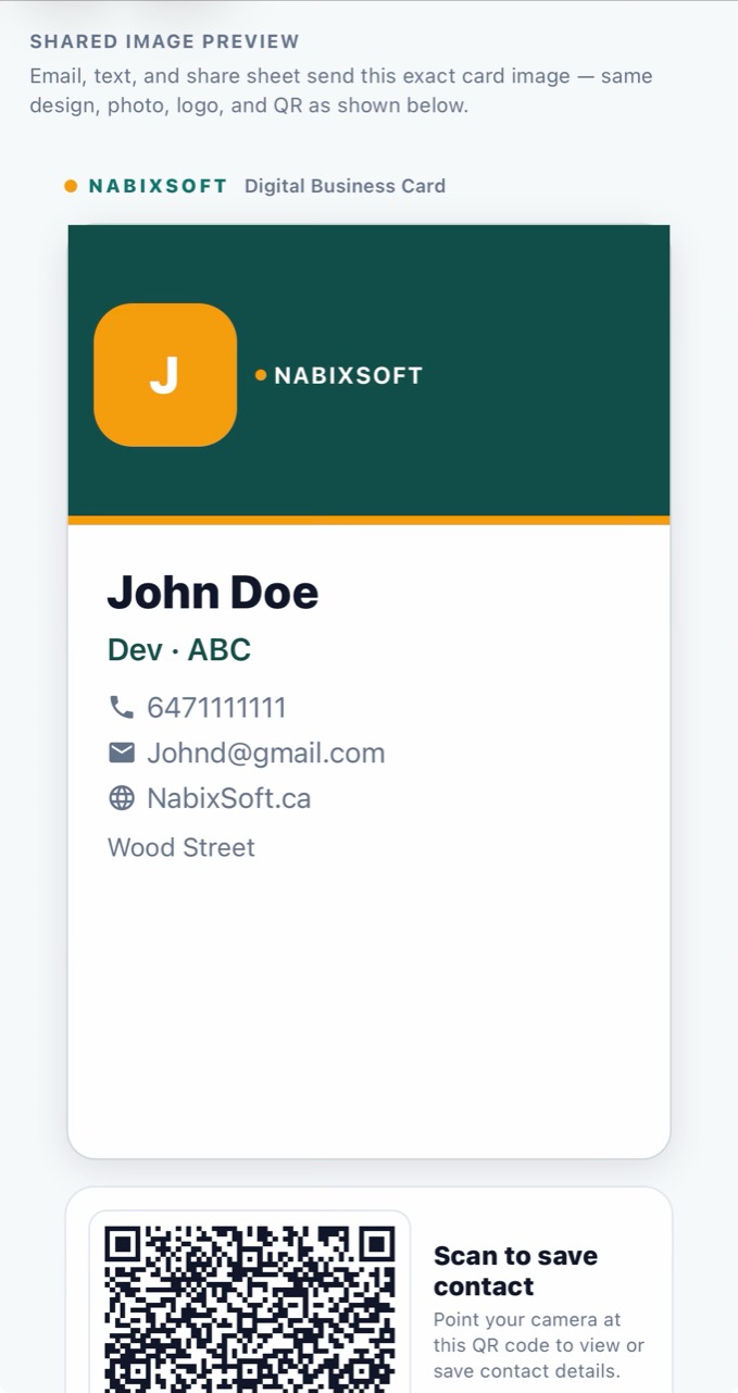 NabixSoft shared digital card image preview with a QR code to save contact details