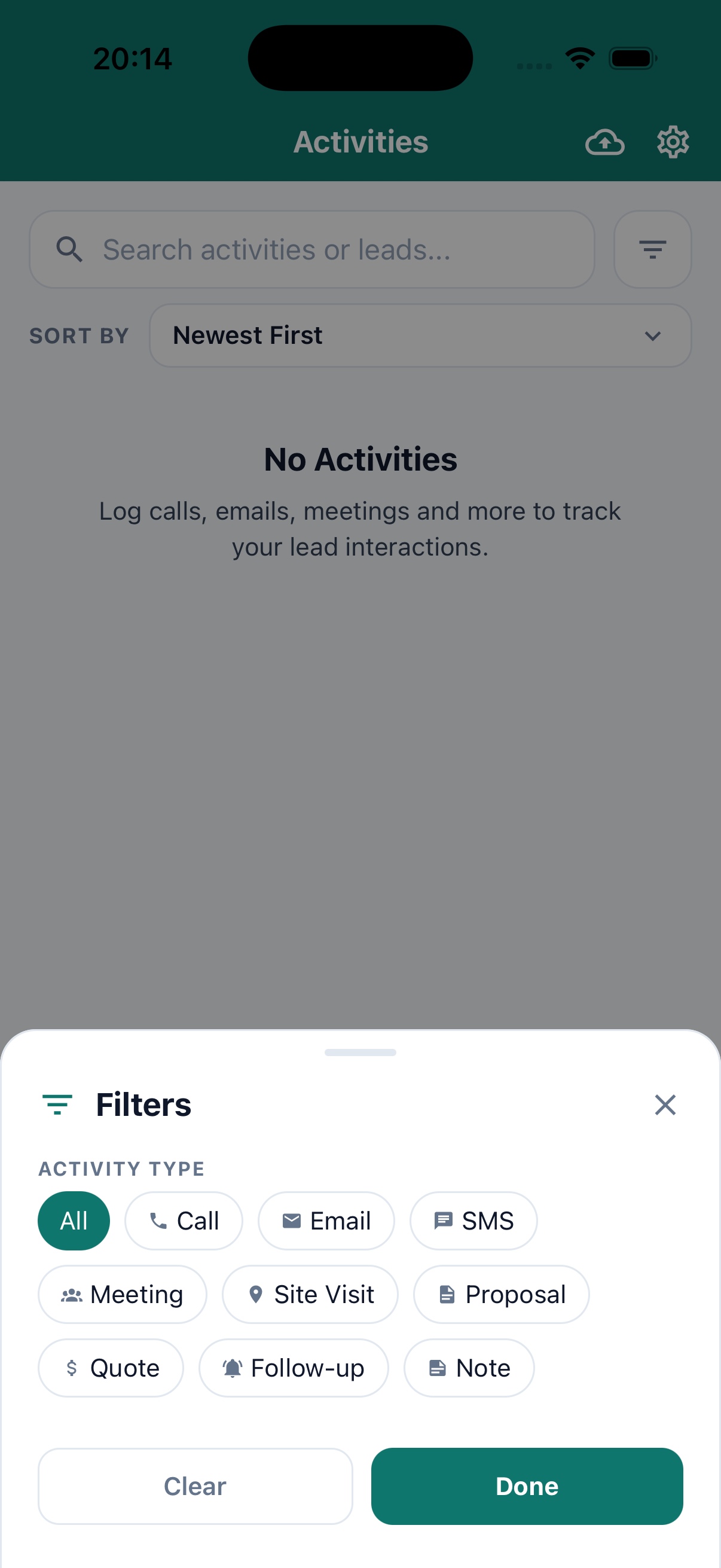 Activity tracking screen