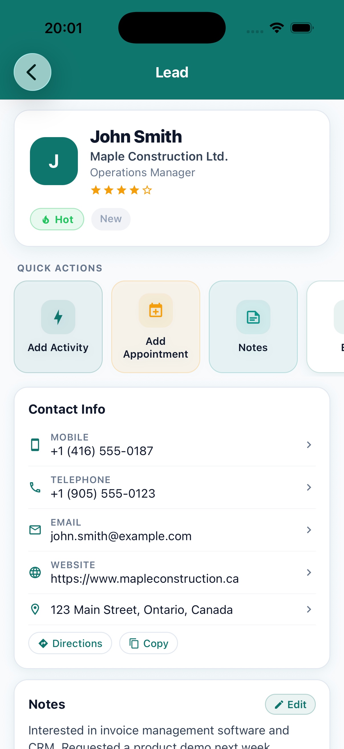 Prospect profile with details, notes, and follow-up actions