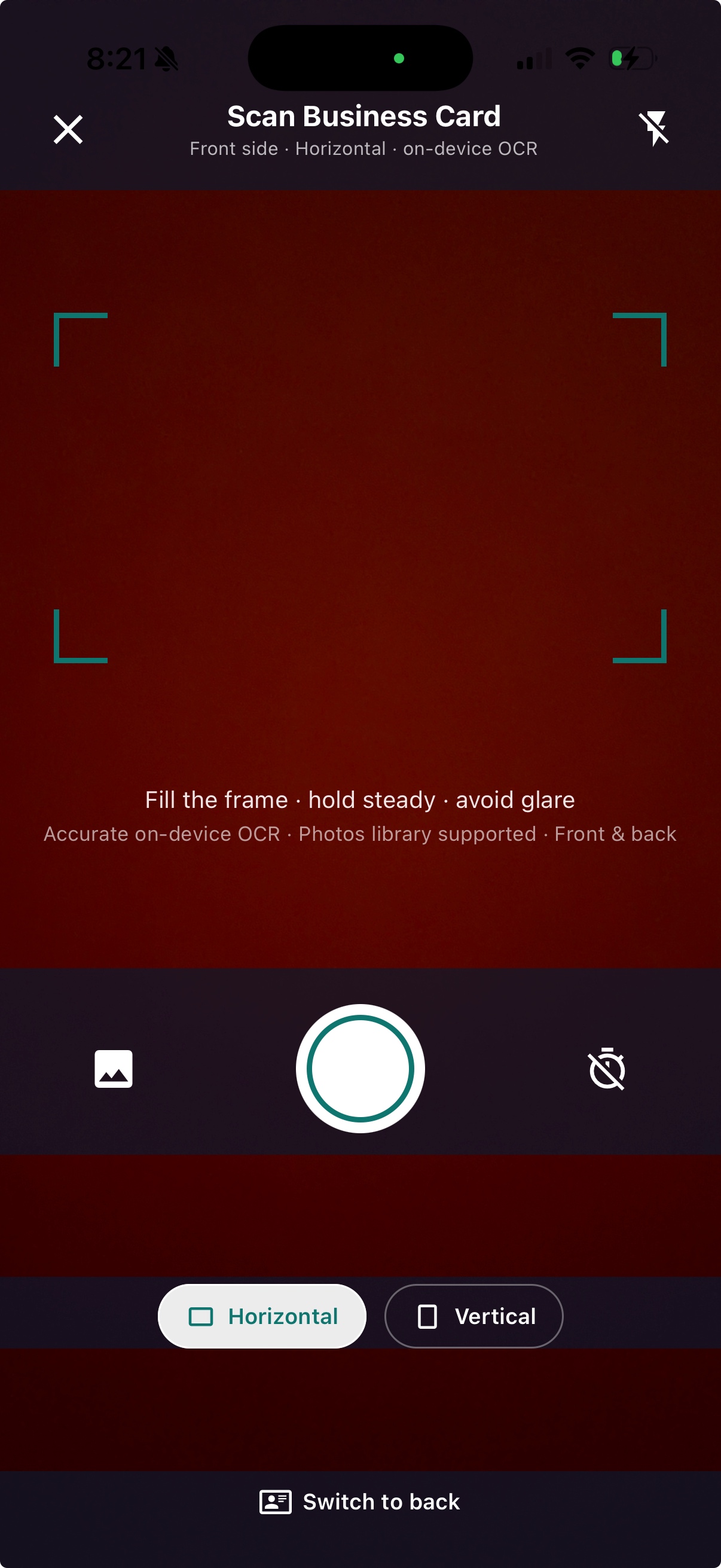 Horizontal business card scanner screen
